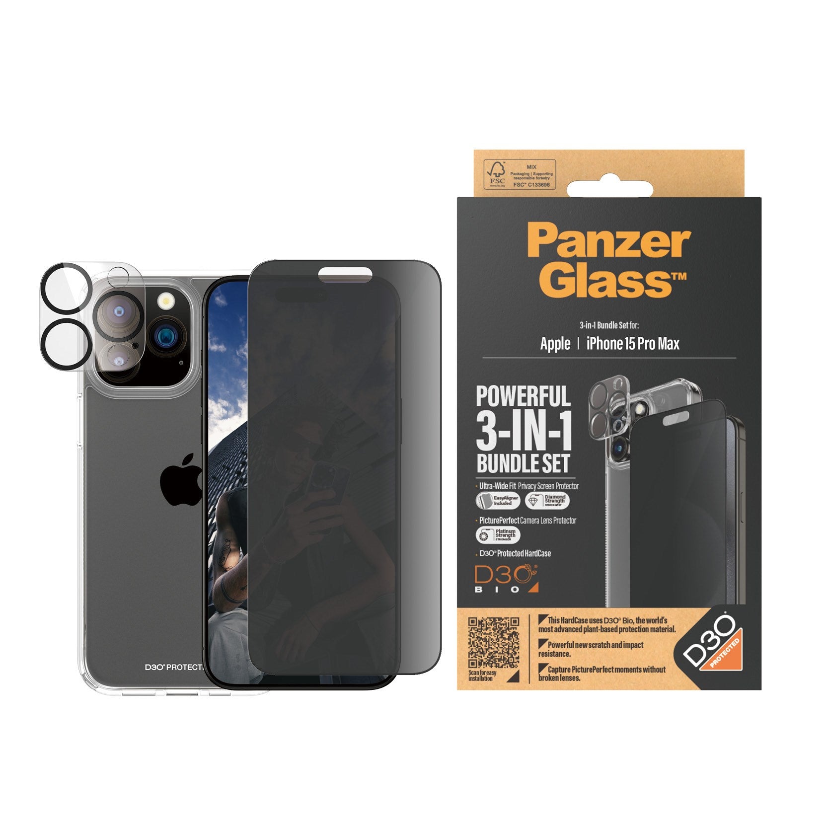 PanzerGlass® Privacy 3-in-1 Pack iPhone 15 Pro Max